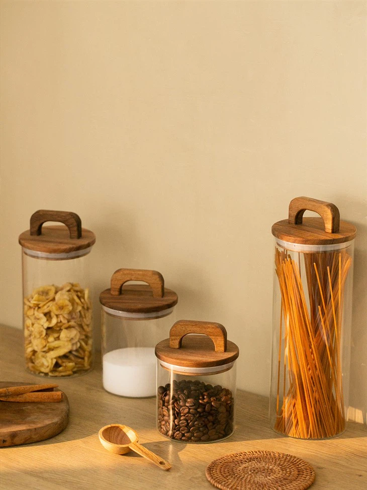 Round Glass Storage Jar With Acacia Wood Handle Lid